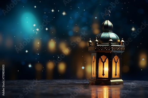 Ramadan Kareem greeting card. Ramadan lantern with dates and burning candle on wooden table