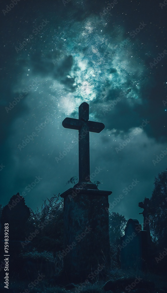Cross under night sky in eerie graveyard setting Cross under night sky in eerie graveyard setting