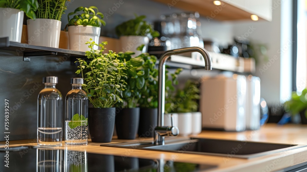 Modern reusable water bottles placed in a stylish kitchen setting