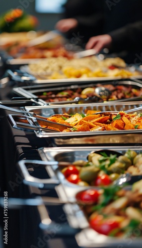 Buffet spread with gourmet appetizers and floral decoration