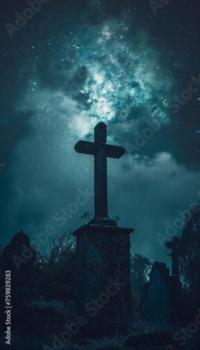 Cross under night sky in eerie graveyard setting