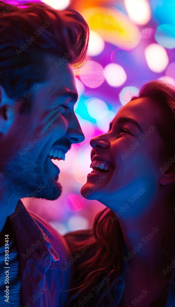 Happy couple laughing together neon-lit night scene