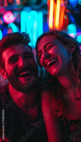 Happy couple laughing together neon-lit night scene