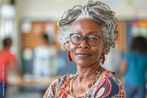 African American teacher in classroom, mature educator with glasses, teaching session.