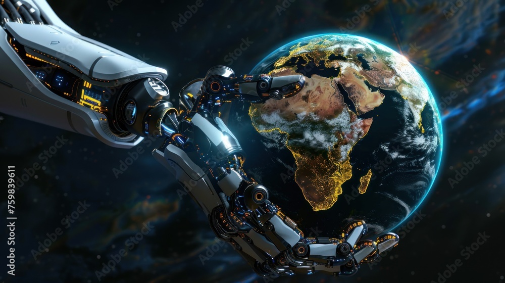 Robot hand is holding the earth, technology concept is taking over AI generated image Robot hand is holding the earth, technology concept is taking over AI generated image