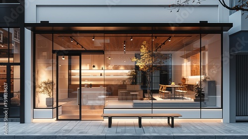 Storefront with white walls and black metal accents, glass windows showing the interior of the store, minimalist wood furniture in front of the building. Generative AI.