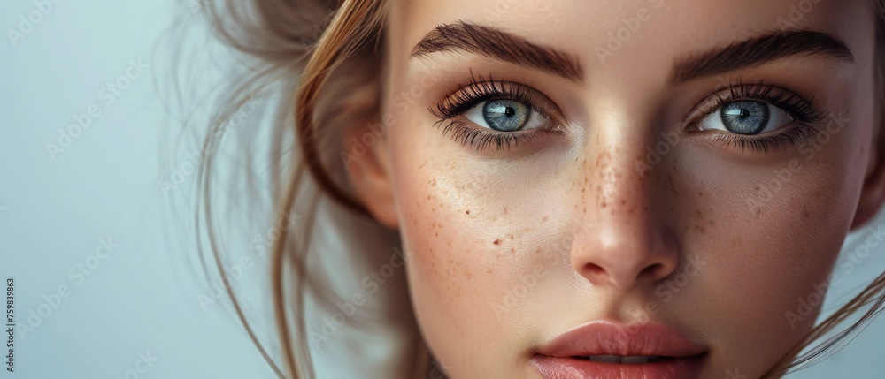 Young woman with freckles and blue eyes beauty portrait - obrazy, fototapety, plakaty 