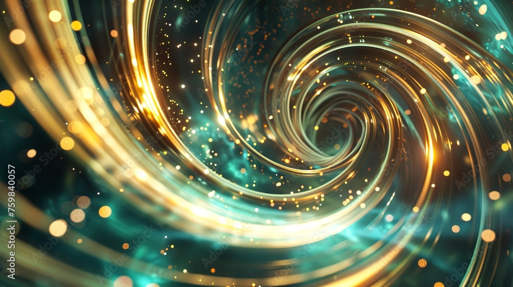  Abstract swirl of golden and teal light with a bokeh effect, glowing lines in a spiral motion in the style of futuristic illustration