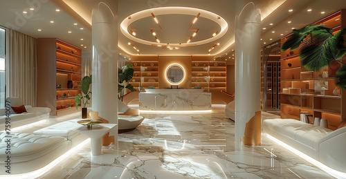 A luxury hotel lounge with retro modern design. Generative AI. © visoot
