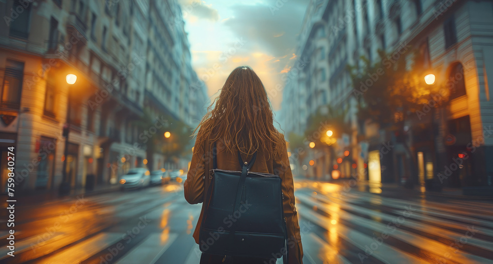 Obraz premium A single business woman, walking straight into an empty city street from behind. Generative AI.