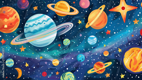 Vibrant and playful illustration of the solar system with colorful planets, stars, and cosmic elements, perfect for educational materials.