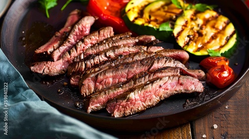 Grilled beef steak sliced and arranged with hot summer vegetables on a dark plate, viewed closely