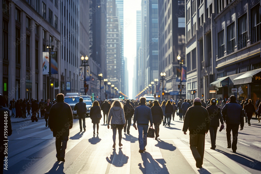 Urban Crowd Walking Down City Street on a Bright Sunny Day, People Exploring Cityscape and Enjoying the Outdoors