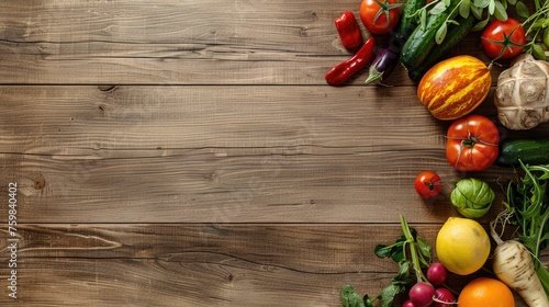 vegetables and fruits delicately arranged on the lower right corner of a wooden table  showcasing a minimalist style and offering generous whitespace for custom text  in a realistic scene.