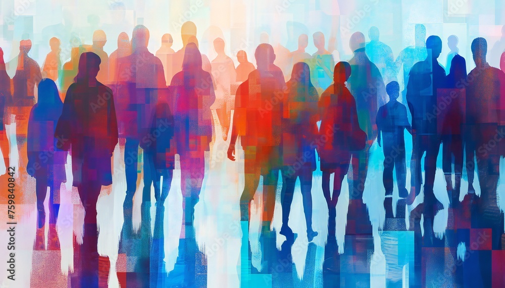 Colorful crowd of silhouettes with transparent overlay