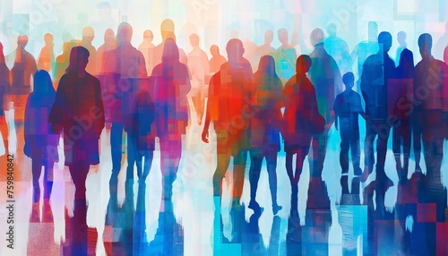 Colorful crowd of silhouettes with transparent overlay