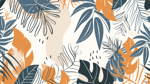 Abstract nature background vector featuring modern shape line art wallpaper with boho foliage botanical tropical leaves and floral pattern design, suitable for a summer sale banner, Generative AI.