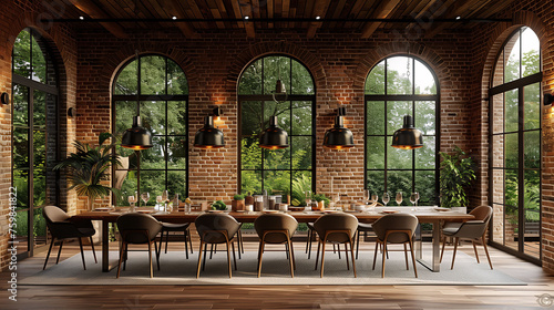 Elegant dining room with a long wooden table, modern chairs, and large windows overlooking greenery.