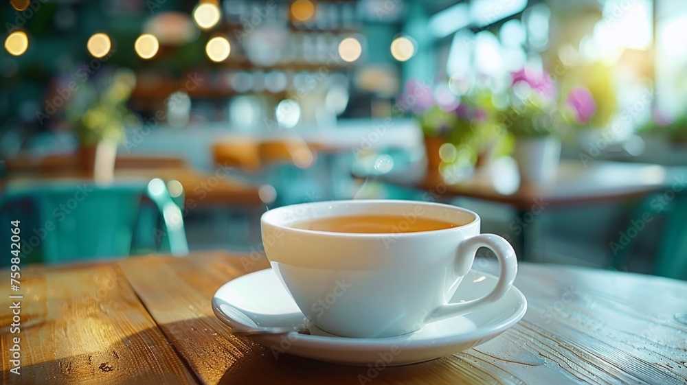 Warm tea cup on wooden cafe table in soft morning light - obrazy, fototapety, plakaty 
