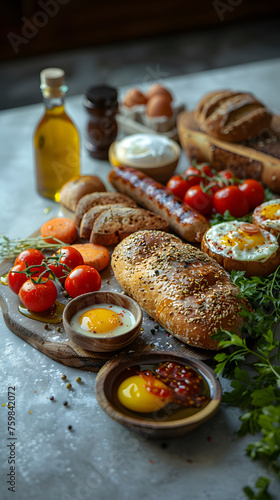 a table set with a variety of delicious breakfast foods, including eggs, toast, fruit