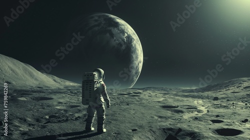 Astronaut Surveying Lunar Surface with Earthrise
