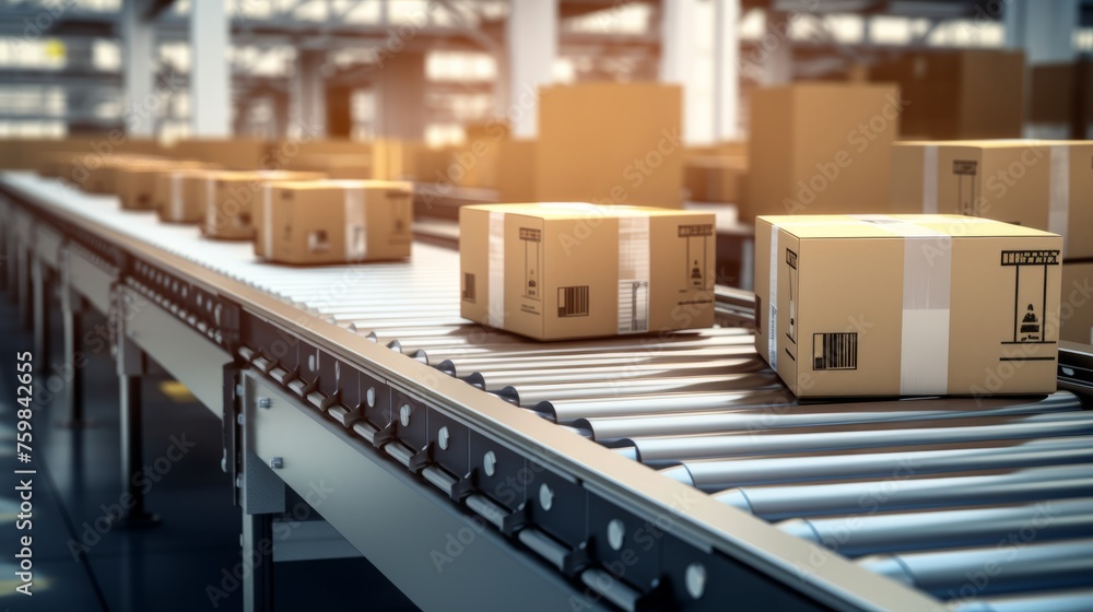 Many packages are transported on a conveyor belt for delivery Many packages are transported on a conveyor belt for delivery
