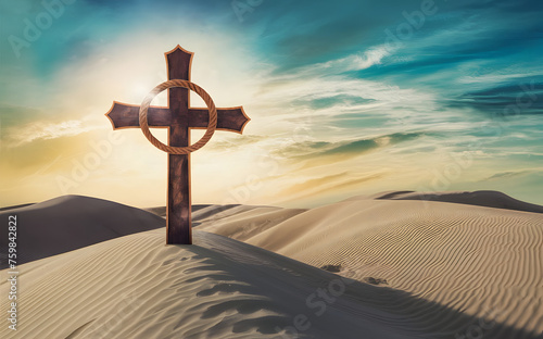 The Holy Cross on the Desert whit Sunrise Landscape Background