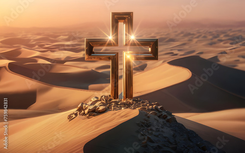 The Holy Cross on the Desert whit Sunrise Landscape Background