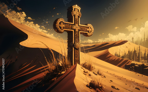 The Holy Cross on the Desert whit Sunrise Landscape Background