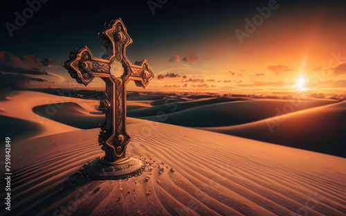 The Holy Cross on the Desert whit Sunrise Landscape Background