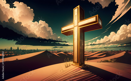 The Holy Cross on the Desert whit Sunrise Landscape Background