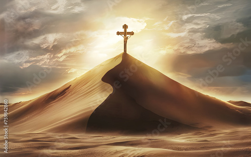 The Holy Cross on the Desert whit Sunrise Landscape Background
