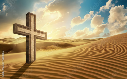 The Holy Cross on the Desert whit Sunrise Landscape Background