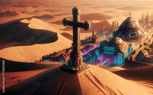 The Holy Cross on the Desert whit Sunrise Landscape Background