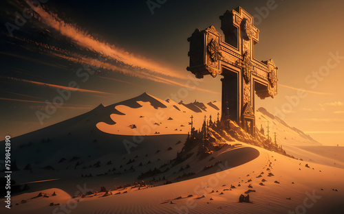The Holy Cross on the Desert whit Sunrise Landscape Background