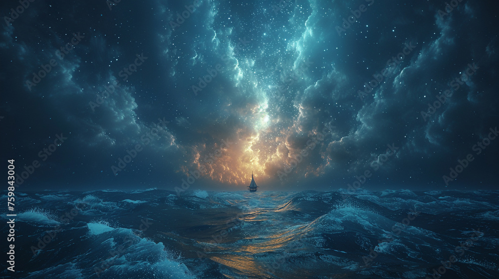 Sailor navigating the vast ocean under a starry sky, embodying adventure and exploration, style cyan and yellow, cinematic tone