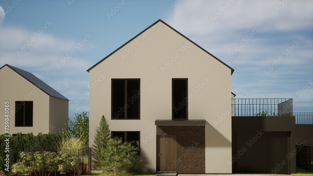 Architecture 3d rendering illustration of modern minimal house in cottage development