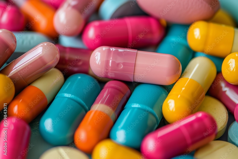 Close-up view of various colorful capsules and tablets, representing medication diversity Close-up view of various colorful capsules and tablets, representing medication diversity