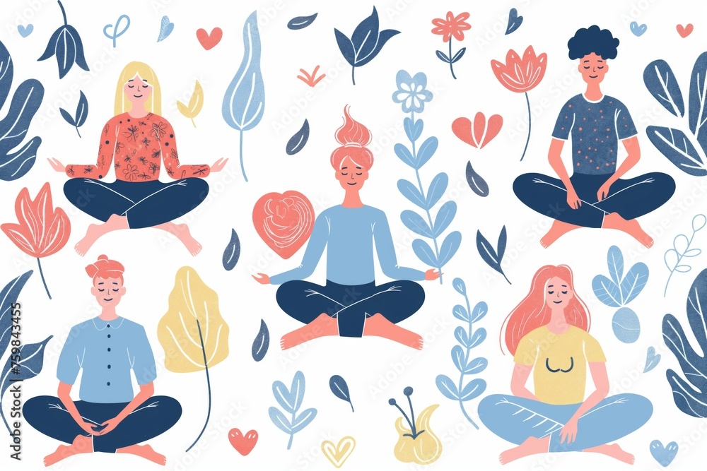 Illustration of a multicultural group engaged in peaceful meditation among nature-inspired elements