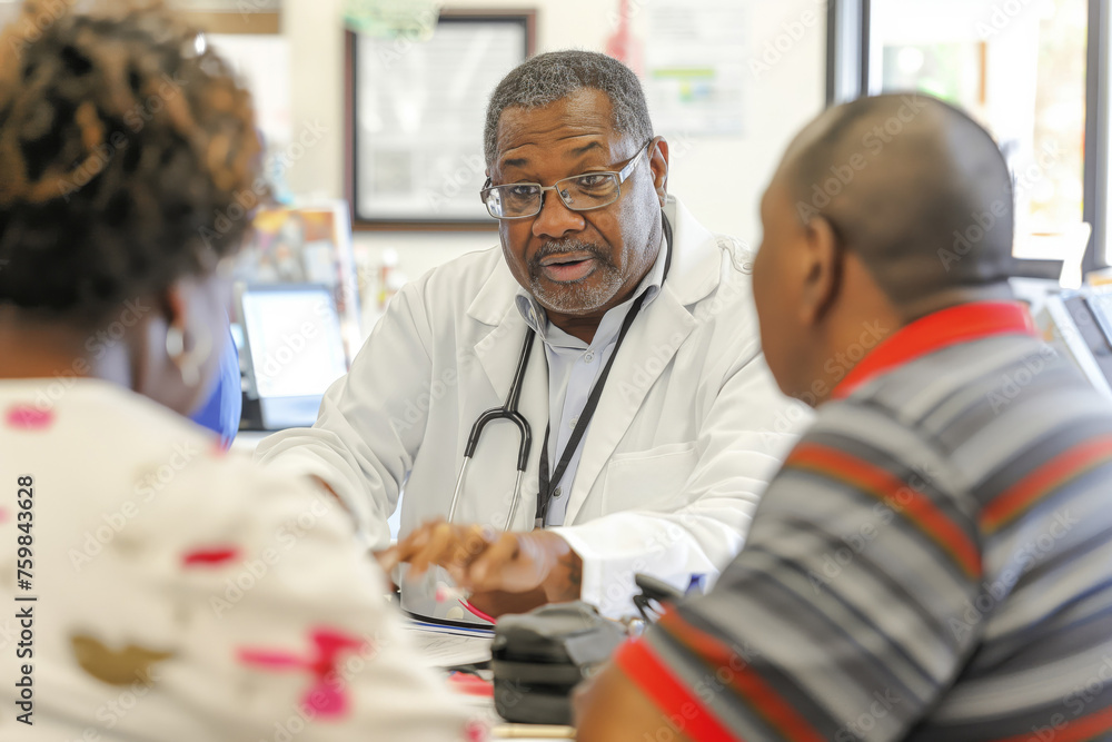 Obraz premium Caring male doctor discusses health concerns with a couple during a medical consultation
