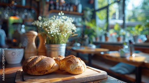 Cozy eatery atmosphere with freshly baked bread on table