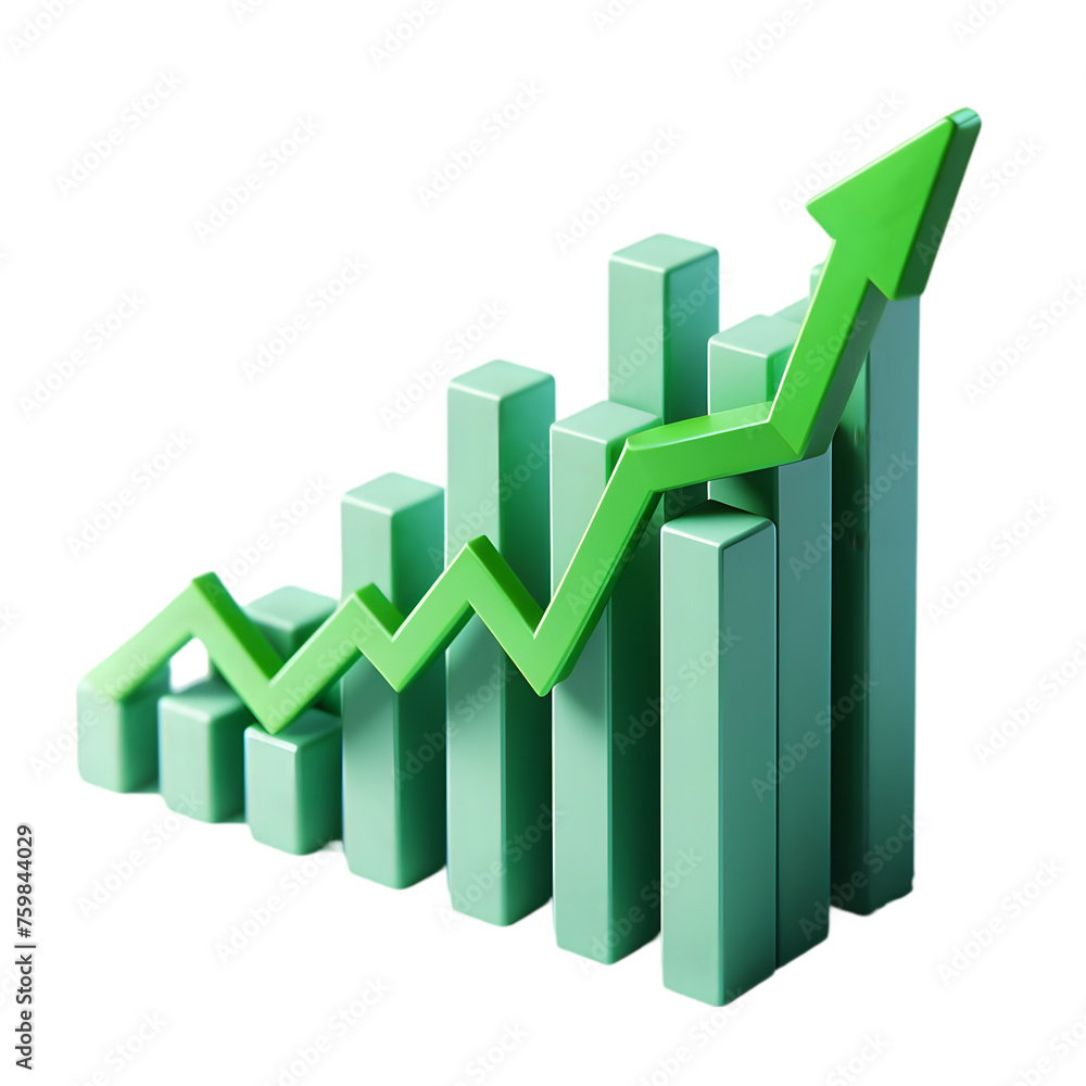 3D Bar Chart uptrend green arrow with white background and isolated style 3D Bar Chart uptrend green arrow with white background and isolated style