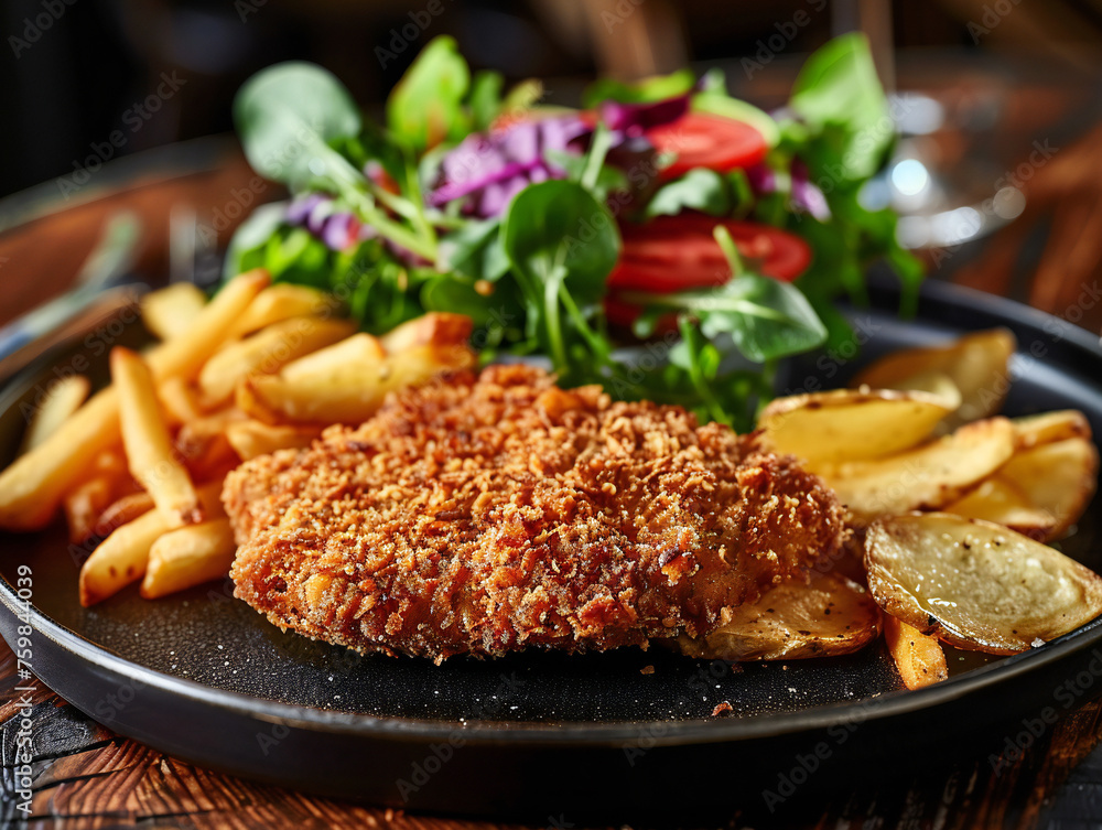 close-up of delicious  breaded crispy fried chicken fillet on plate,