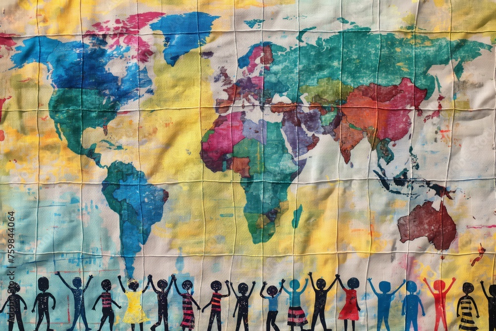 Diverse silhouettes in front of a vibrant, painted world map on fabric