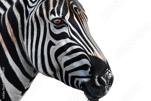 Close-up of a zebra's head showing a black and white striped pattern. Isolated on a transparent background.