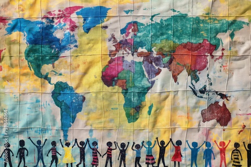 Diverse silhouettes in front of a vibrant  painted world map on fabric