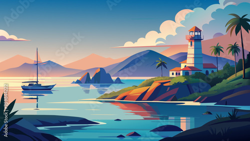 sunset over the sea and mountain vector art illustration