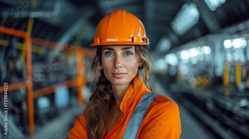 Young woman in hard hat wearng high visability jacket standing in a tunnel on large civil engineering project photo
