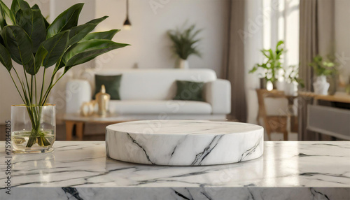 White marble podium table in modern living room, Mockup for design