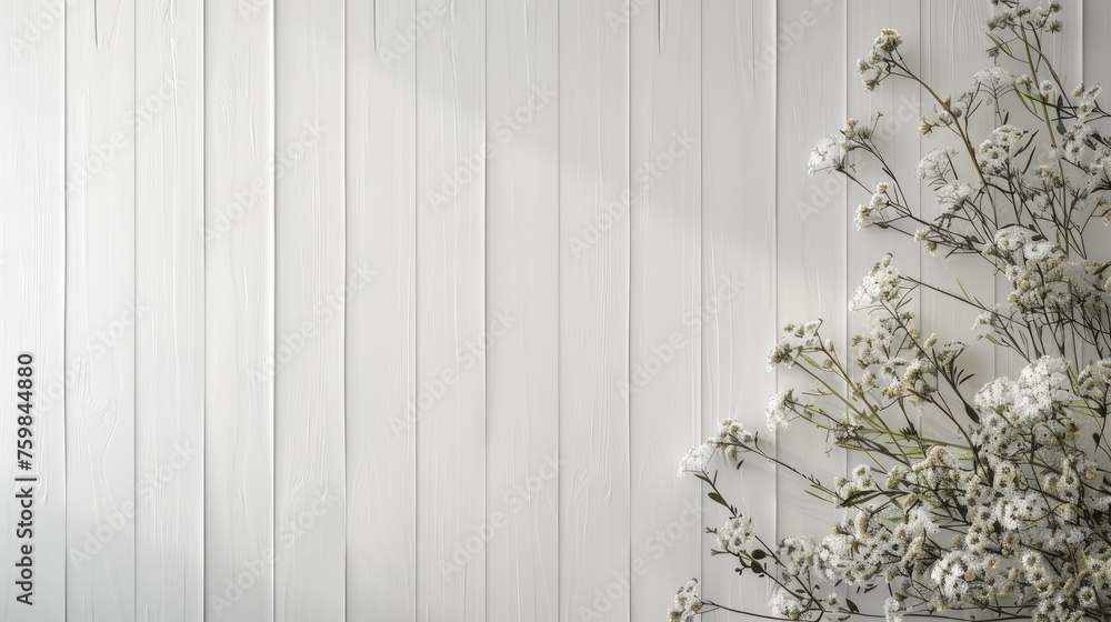fresh flowers arranged in the lower right corner of a white wooden background, exuding a minimalistic style and offering ample empty space for text, in a realistic scene. fresh flowers arranged in the lower right corner of a white wooden background, exuding a minimalistic style and offering ample empty space for text, in a realistic scene.